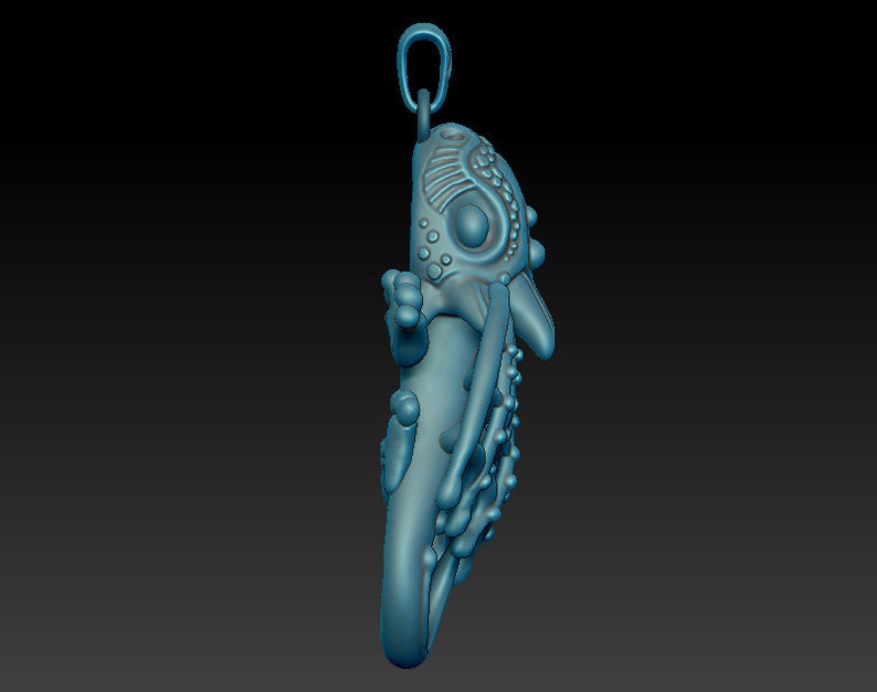 May include: A blue, detailed, 3D printed pendant of a mythical creature with a long tail and intricate designs.