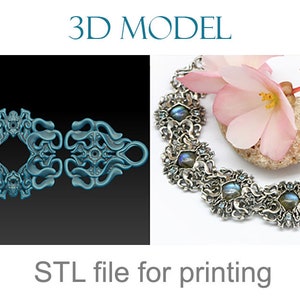 Bracelet printable jewelry 3D model, digital STL file to download. Sculpted bracelet with cabochons in a fantasy or vintage style.