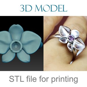 Afdrukbaar 3D-modelring Flower Orchid 3D-sieradenontwerp, digitale download van stl-bestand