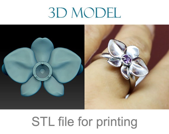 Printable 3D model ring Flower Orchid 3d jewelry design, stl file digital download