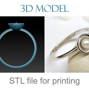 May include: 3D model of a silver ring with a white pearl in the center. STL file for printing.