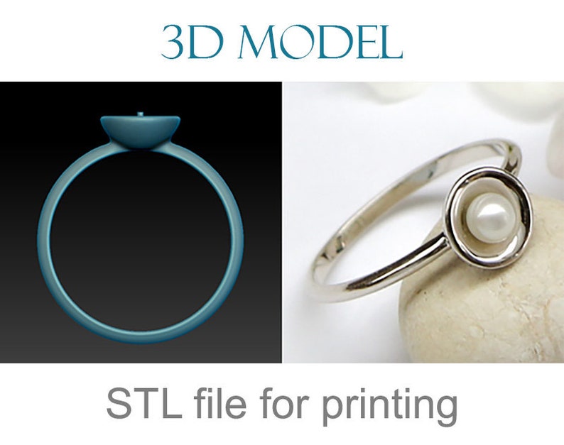 May include: 3D model of a silver ring with a white pearl in the center. STL file for printing.