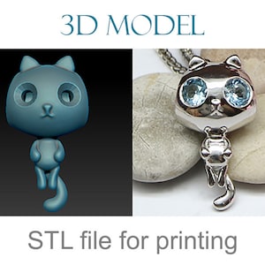 Cat pendant with jemstone. Jewelry 3D model. Printable digital files
