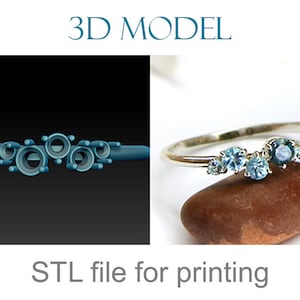 Puede incluir: Un anillo de plata con un grupo de piedras preciosas azul claro. La imagen muestra un modelo 3D y el anillo terminado. El texto en la imagen dice "3D MODEL" y "STL file for printing".