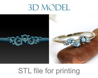Thin miniature ring with stones 3D model print file, jewellery stl obj files for download