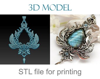 Peut inclure: Modèle 3D d'un pendentif en argent avec une pierre précieuse bleue. Le pendentif a la forme d'une feuille stylisée avec des détails complexes. Le texte "3D MODEL" et "STL file for printing" est visible sur l'image.