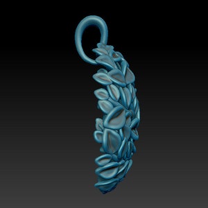 May include: A silver pendant with a detailed design of leaves, forming a crescent shape. The pendant has a loop at the top for attaching a chain.