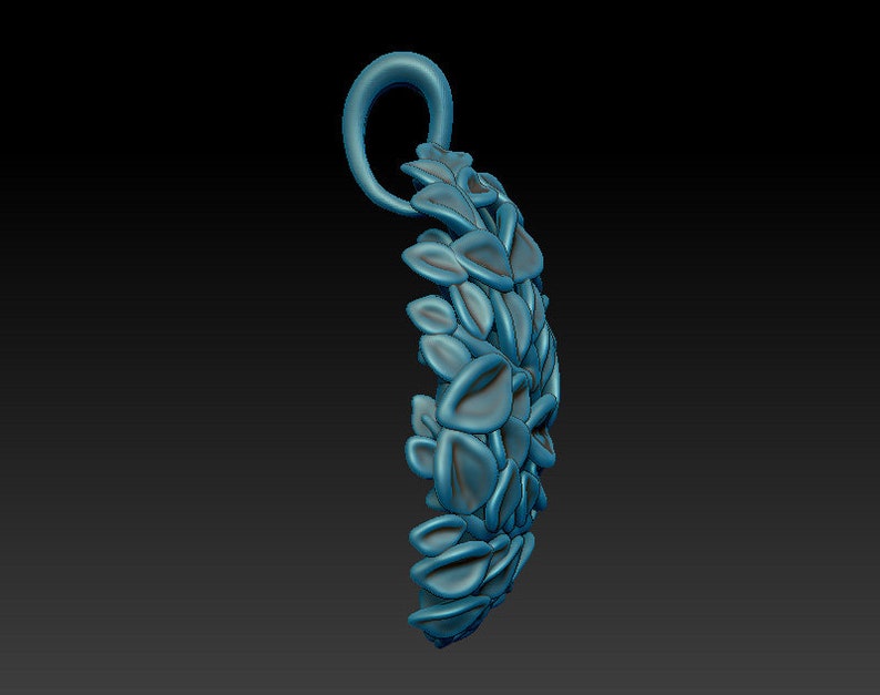 May include: A silver pendant with a detailed design of leaves, forming a crescent shape. The pendant has a loop at the top for attaching a chain.