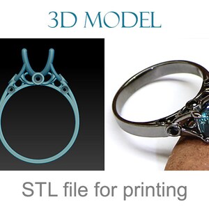 May include: 3D model of a black ring with a blue gemstone. The ring has a detailed design with intricate details. STL file for printing.