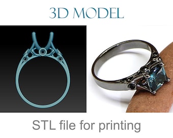 May include: 3D model of a black ring with a blue gemstone. The ring has a detailed design with intricate details. STL file for printing.
