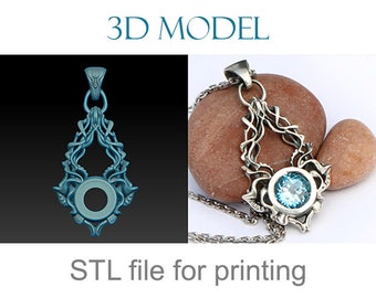 Peut inclure: Un pendentif en argent avec un design détaillé et complexe, comportant un espace circulaire pour une pierre précieuse. Le pendentif est présenté sur une chaîne en argent et repose sur une roche brune. Le texte "3D MODEL" est en haut de l'image et "STL file for printing" en bas.
