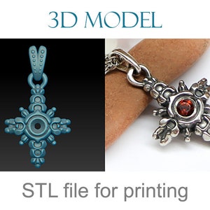 May include: 3D model STL file for printing a silver pendant with a red gemstone in the centre. The pendant is in the shape of a cross with intricate details.