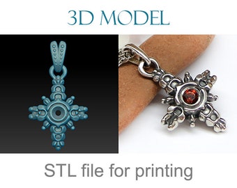 Może przedstawiać: Model 3D STL do drukowania srebrnego wisiorka z czerwonym kamieniem szlachetnym w środku. Wisiorek ma kształt krzyża z misternymi detalami.
