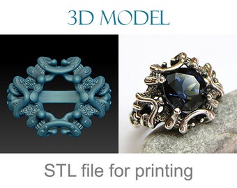 May include: A 3D model of a silver ring with a large, dark blue gemstone. The ring is intricate and detailed, with a swirling design. The model is shown next to a 3D printed version of the ring. "STL file for printing" is written below the image.