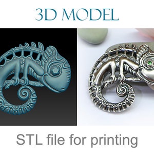 Jewelry chameleon brooch with stone. Printable jewelry 3d model. STL digital file for making brooch. 3D jewelry design.