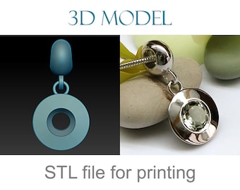 Peut inclure: Modèle 3D d'une boucle d'oreille en argent avec une pierre précieuse verte ronde et facetée. La boucle d'oreille est présentée sur un fond blanc avec une pierre verte. Le texte "3D MODEL" et "STL file for printing" est également affiché sur l'image.