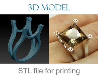 Modelo de anillo 3D. Diseño de joyería original. Anillo de cóctel con una gran piedra cuadrada. Diseño 3d, modelo de joyería, modelo de impresión 3d, descarga de anillos