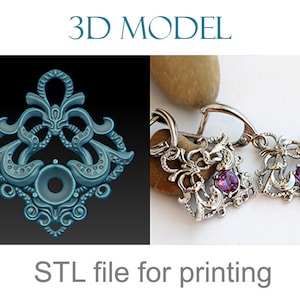 May include: 3D model STL file for printing of a pair of silver earrings with a detailed ornate design and purple gemstones. The earrings are shown on a rock background.