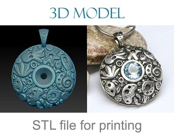 Peut inclure: Modèle 3D d'un pendentif en argent avec une pierre précieuse bleue au centre. Le pendentif est décoré d'un motif détaillé de vie marine, y compris des étoiles de mer, des coquillages et des algues. Le texte "Fichier STL pour l'impression" est situé sous l'image.