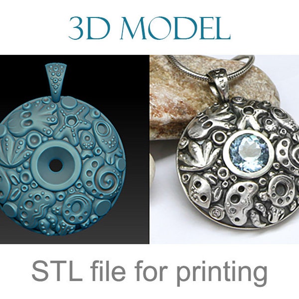 Round pendant necklace 3d model with a sea pattern. Jewelry design, print file, stl obj download