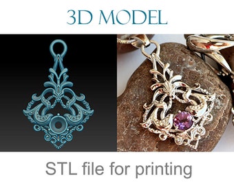Peut inclure: Modèle 3D d'un pendentif en argent avec un design délicat et complexe. Le pendentif présente un espace central ouvert pour une pierre précieuse, et le design rappelle une fleur ou une feuille stylisée. Le modèle est présenté à la fois dans un rendu 3D et une photographie d'un pendentif physique. Le texte "Fichier STL pour l'impression" est également inclus dans l'image.