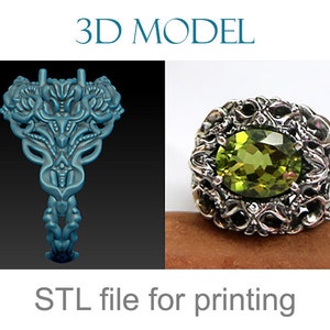 Sierlijke edelsteenring 3D-model STL, vintage statement ring voor 3D-printen