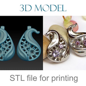 Jewelry 3D model. Earrings in the form of fig fruits with small stones and latch-back closure. Stl and obj files