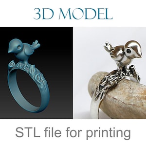 Little bird silver ring. Digital download, sculpted ring. 3D model. 3d jewelry design, ring stl 3d print file