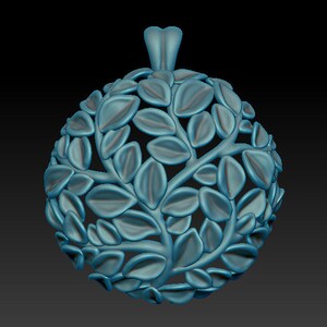 May include: A teal blue pendant in the shape of a sphere with a delicate, intricate design of leaves and branches. The pendant has a loop at the top for attaching a chain.
