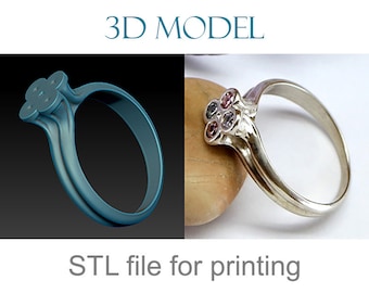 May include: 3D model and a printed silver ring with a cluster of pink and white gemstones. The text "3D MODEL" and "STL file for printing" are visible below the image.