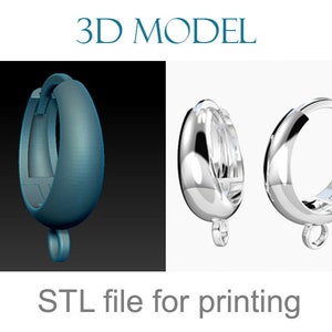 May include: 3D model of a silver hoop earring with a hinged closure. The model is shown from different angles. STL file for printing.