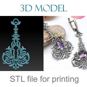 Può includere: Modello 3D di un paio di orecchini d'argento con disegni intricati e pietre preziose viola. File STL per la stampa.