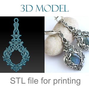 Peut inclure: Modèle 3D STL pour l'impression d'une paire de boucles d'oreilles en argent avec un design filigrané détaillé et une grande pierre ovale. Les boucles d'oreilles sont présentées sur un rocher gris.