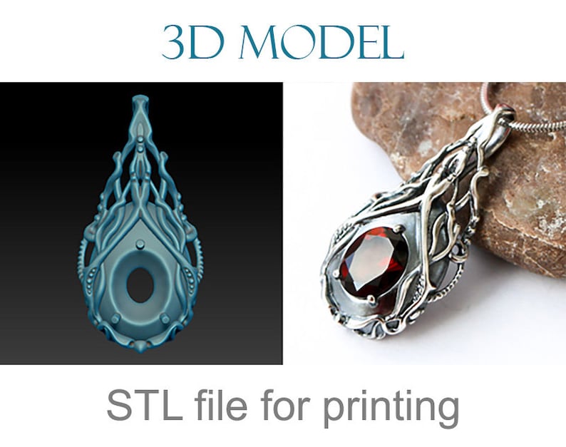 May include: 3D model of a silver pendant with a red gemstone. The pendant is in the shape of a teardrop with intricate details. The model is ready for 3D printing. STL file for printing.