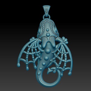May include: A blue 3D printed pendant of a dragon with intricate details and a webbed wing design.