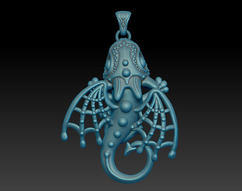May include: A blue 3D printed pendant of a dragon with intricate details and a webbed wing design.