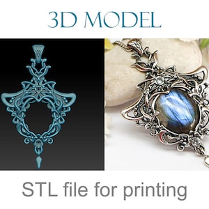 Puede incluir: Un modelo 3D de un colgante de plata con una gran piedra preciosa azul. El colgante es intrincado y detallado, con un diseño delicado. El texto "3D MODEL" y "STL file for printing" es visible en la imagen.