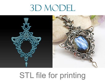 stl and obj print files. Pendant necklace 3d model with a stone. Fantasy sculpted jewellery model for a cabochon