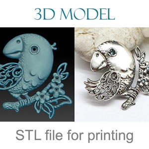 Modelo impresso em 3D de broche de pássaro para download. Arquivos digitais stl imprimíveis em 3D. Design de joias. Modelo 3D de pássaro de joias com pedras