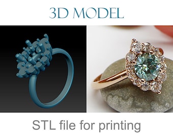 May include: 3D model of a ring with a large, round, teal-colored gemstone surrounded by smaller, white gemstones. The ring is set in gold and has a delicate band. The 3D model is shown next to a photo of the actual ring, which is resting on a gray stone.