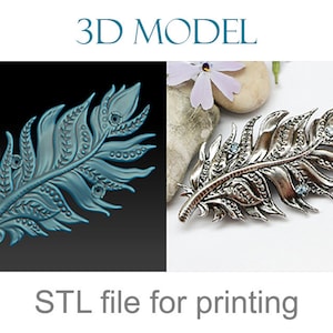Könnte beinhalten: Eine silberfarbene Federbrosche mit aufwendigen Details und drei blauen Edelsteinen. Das Bild zeigt auch ein 3D-Modell der Brosche und den Text "3D MODEL" und "STL file for printing".