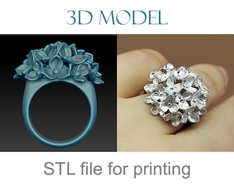 Ring 3D model. Stl file ready to print. Ring in the form of a flower bouquet. Jewelry stl file, 3d jewelry design, digital ring design