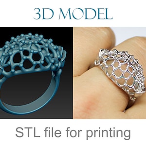 以下が含まれることがあります： 幾何学的なデザインの3Dプリントされたシルバーリング。リングはモデルの指と3Dモデルとして表示されています。印刷用のSTLファイルです。