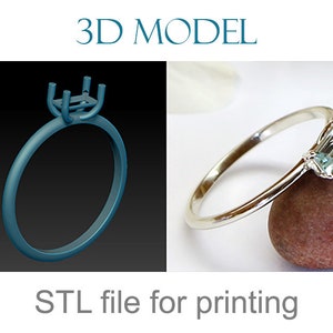 May include: 3D model of a silver ring with a rectangular gemstone setting. The ring is shown in a 3D rendering and a photo of the actual ring. STL file for printing.