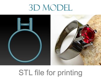 May include: 3D model STL file for printing a black ring with a large red gemstone. The ring is shown on a rock-like surface.