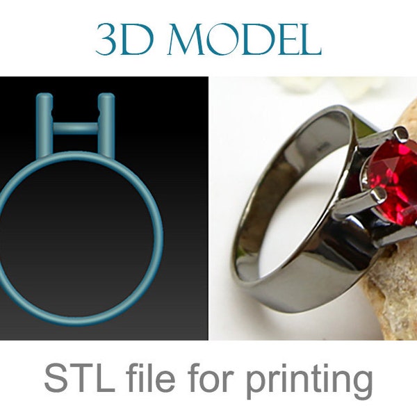 3d jewelry design. Impressive ring with a round stone. Ring STL OBJ digital files for downloading and printing. Jewelry stl file, 3d jewelry