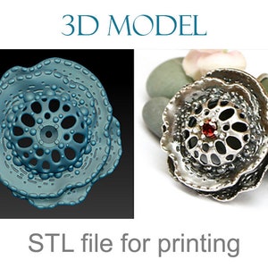 Sculpted jewelry model for printing. Pendant digital file to print. Poppy flower pendant model with a small stone in the center
