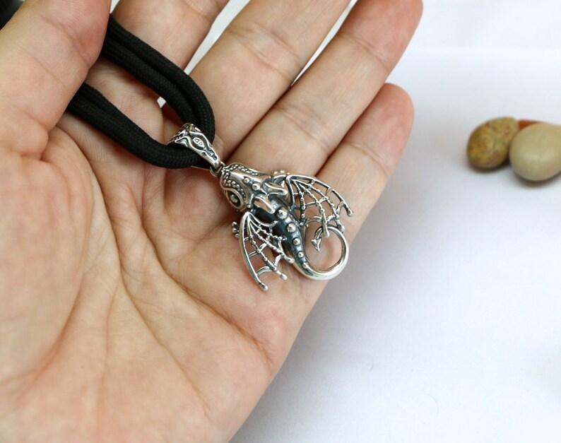 May include: A silver dragon pendant with intricate details, hanging from a black cord necklace.