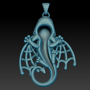 May include: A blue dragon pendant with a webbed wing design. The pendant is made of metal and has a hollow body.
