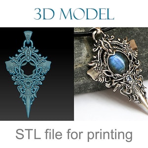 Colar de pingente original modelo 3D. Modelo de pingente esculpido impresso em 3D para um cabochão. Design de joia 3D